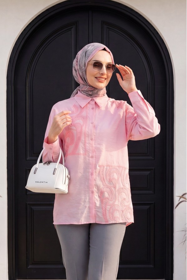 Asimetrik Nakışlı Düğmeli Tül Vual Tunik -Pembe