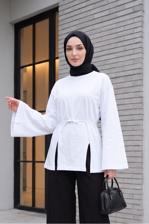 Beli Bağlamalı Yırtmaçlı Penye Tunik  -Beyaz