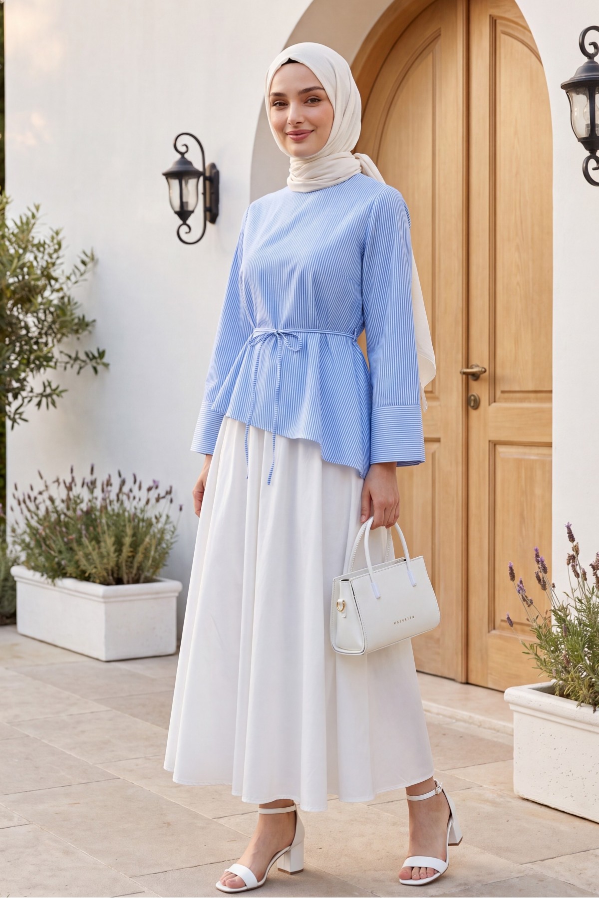 Asymmetrical Cut, Drawstring Waist, Striped Polycotton Blouse -Blue