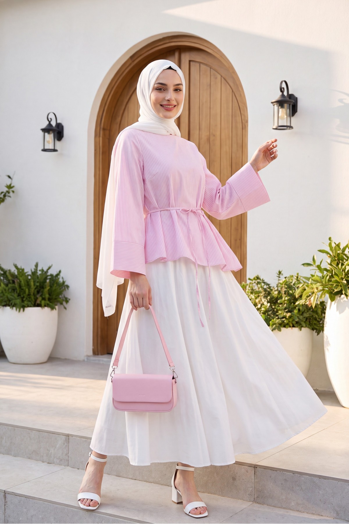Asymmetrical Cut, Drawstring Waist, Striped Polycotton Blouse -Pink