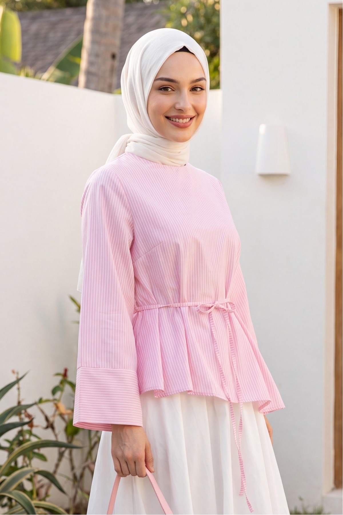 Asimetrik Kesim Beli Bağcıklı Çizgili Policoton Bluz -Pembe
