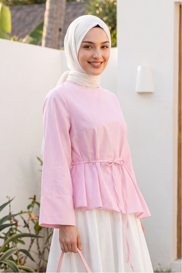 Asimetrik Kesim Beli Bağcıklı Çizgili Policoton Bluz -Pembe