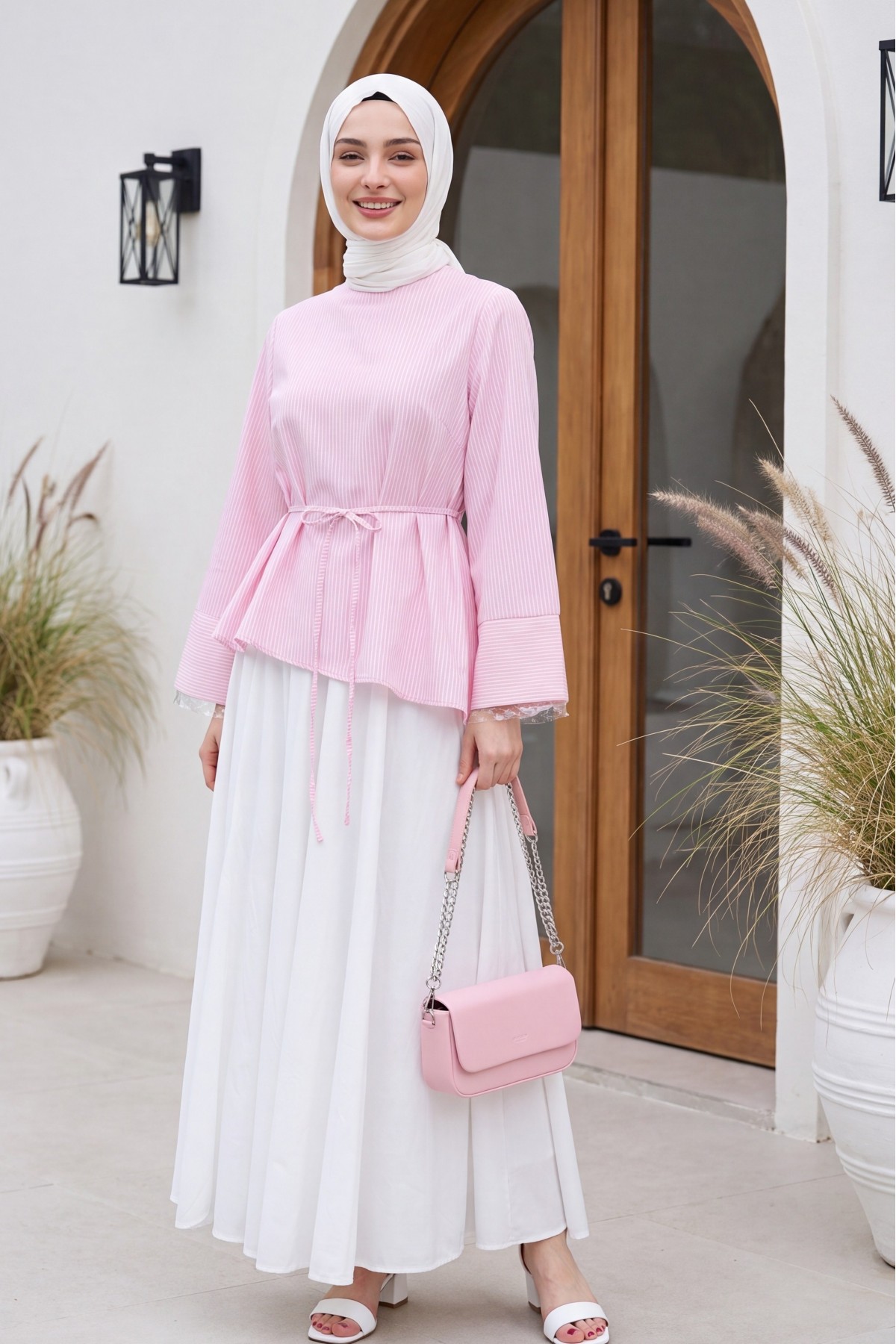 Asimetrik Kesim Beli Bağcıklı Çizgili Policoton Bluz -Pembe detay görseli