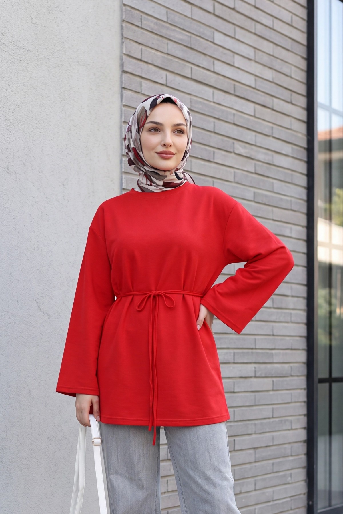Round Neck Tied Waist Combed Cotton Tunic   -Red