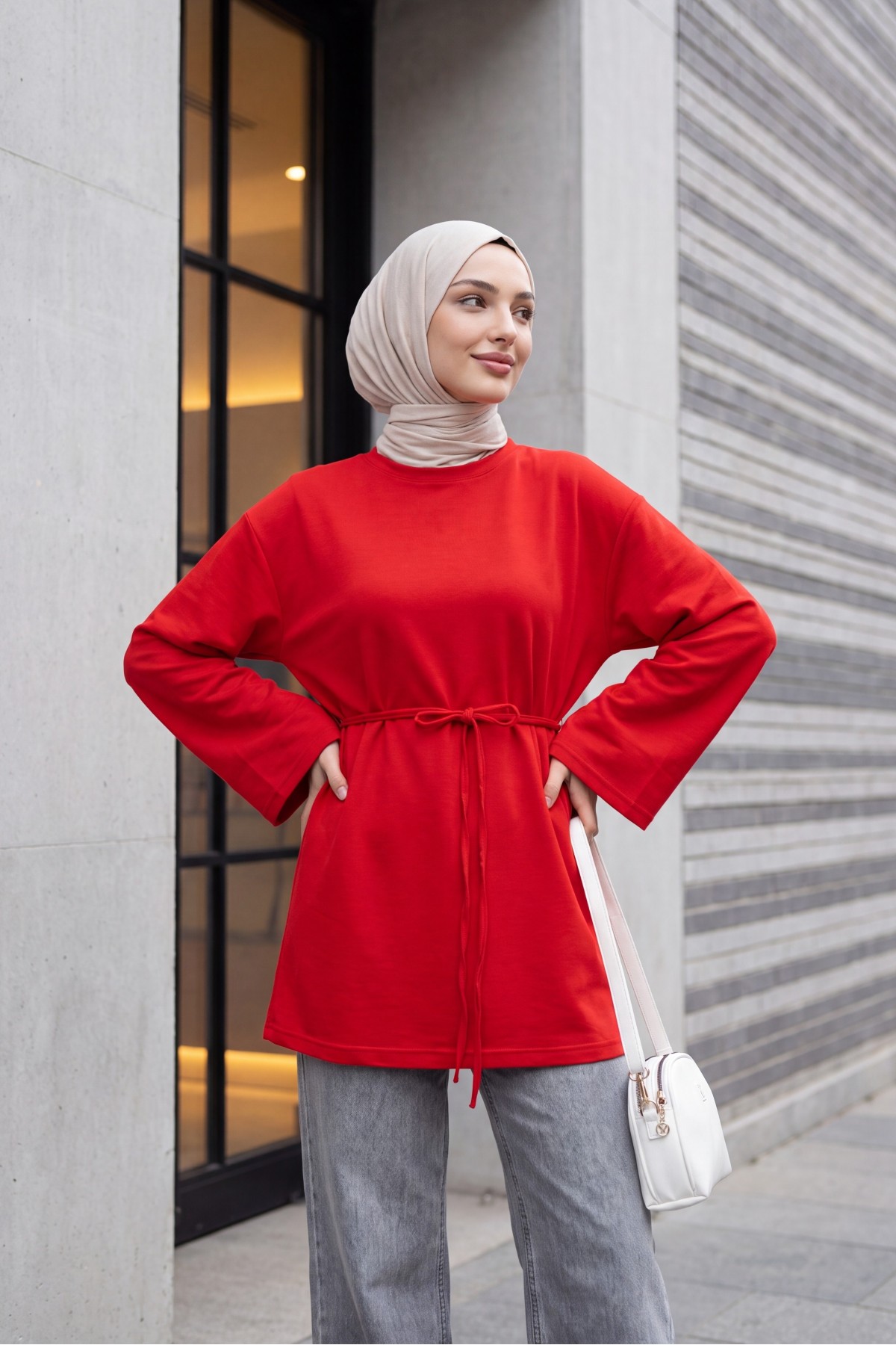 Round Neck Tied Waist Combed Cotton Tunic   -Red