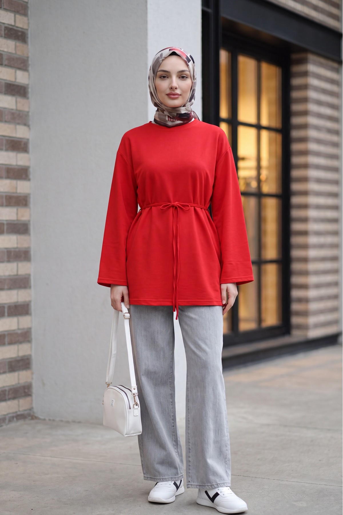 Round Neck Tied Waist Combed Cotton Tunic   -Red detay görseli