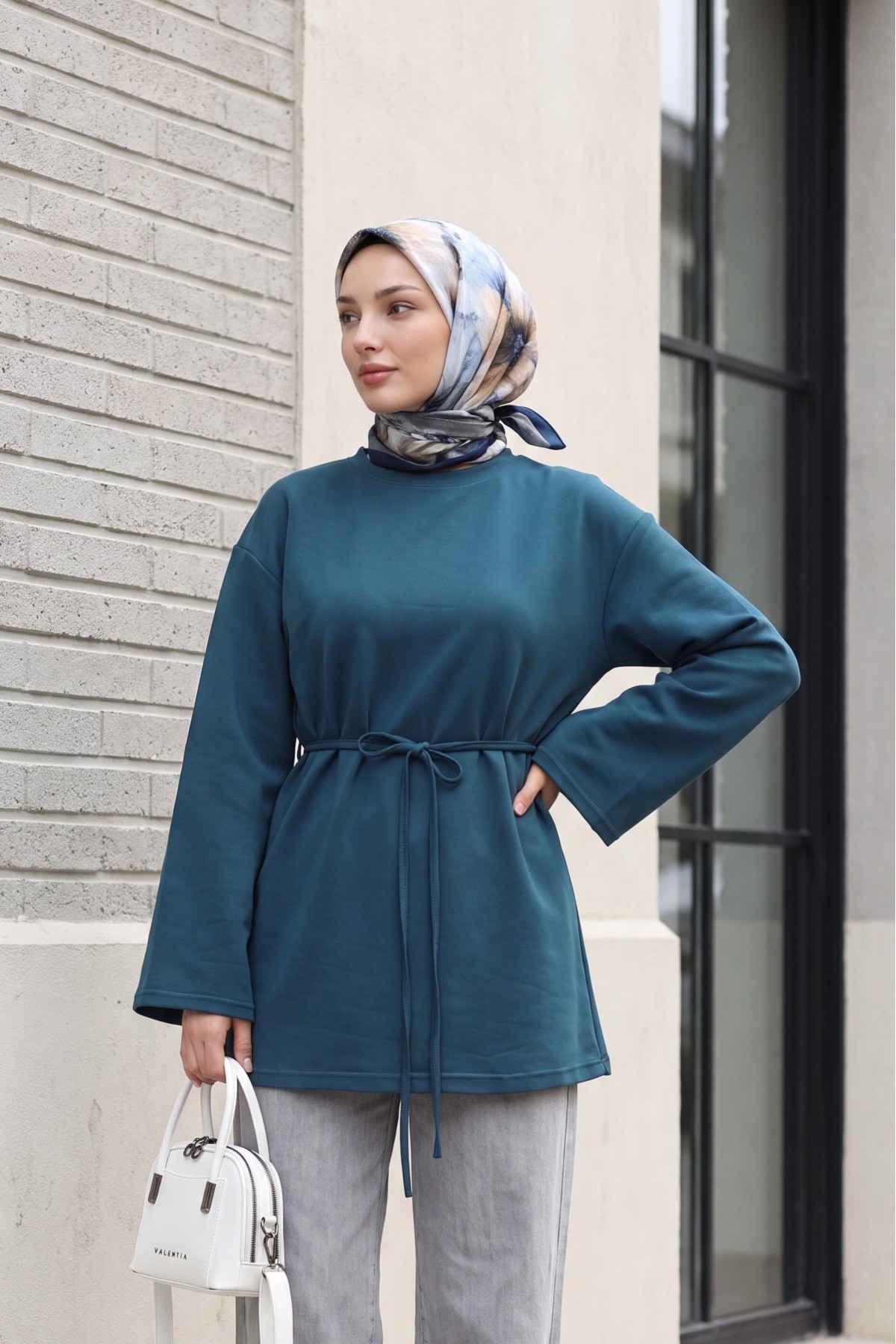 Round Neck Tied Waist Combed Cotton Tunic   -Oil color