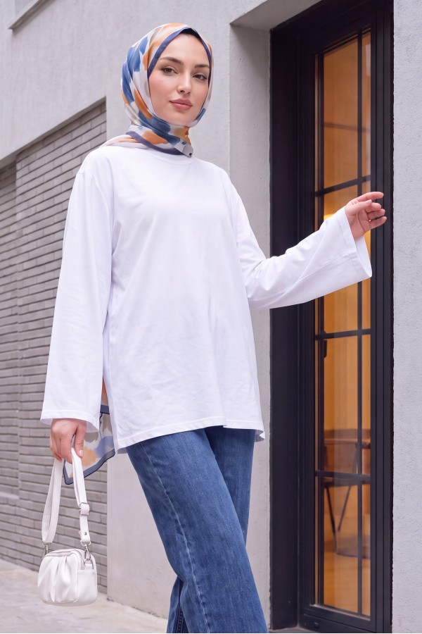 Crew Neck, Spanish Sleeve, Padded Shoulder Undershirt Blouse -White