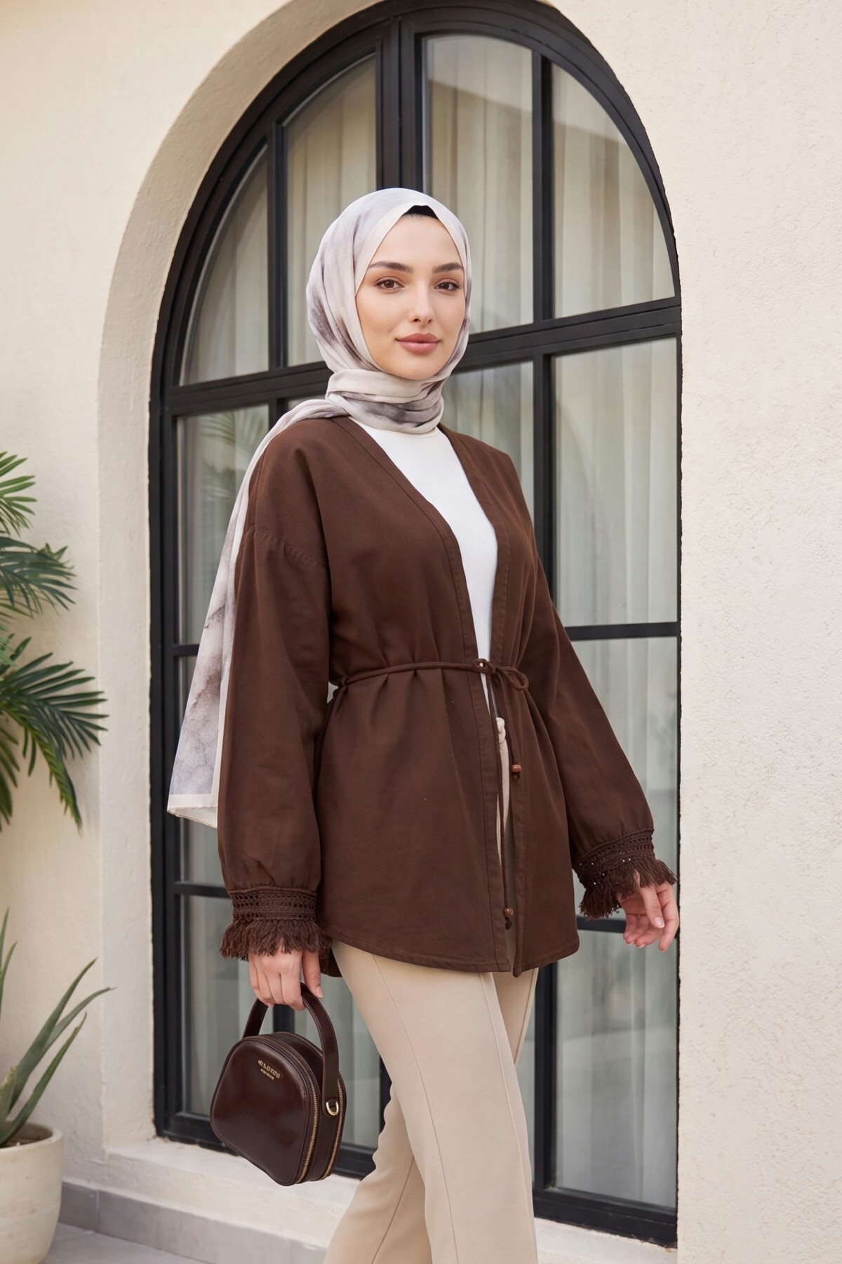 Kolları Püsküllü Beli Kemerli Keten Kimono  -Kahverengi