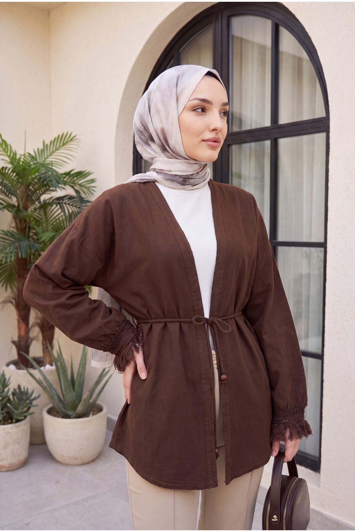 Kolları Püsküllü Beli Kemerli Keten Kimono  -Kahverengi