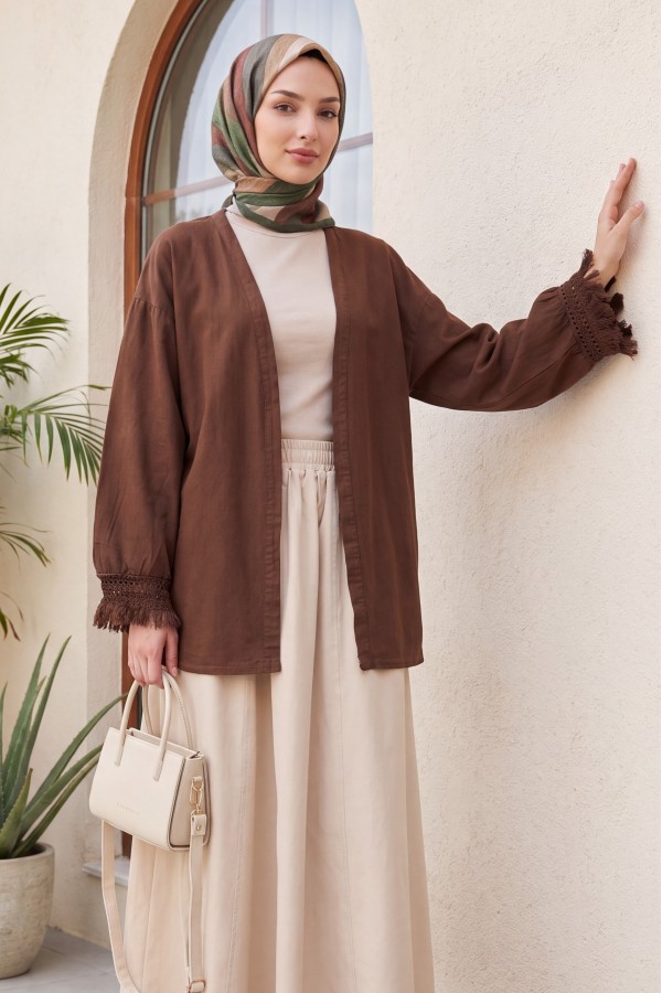 Kolları Püsküllü Beli Kemerli Keten Kimono  -Kahverengi