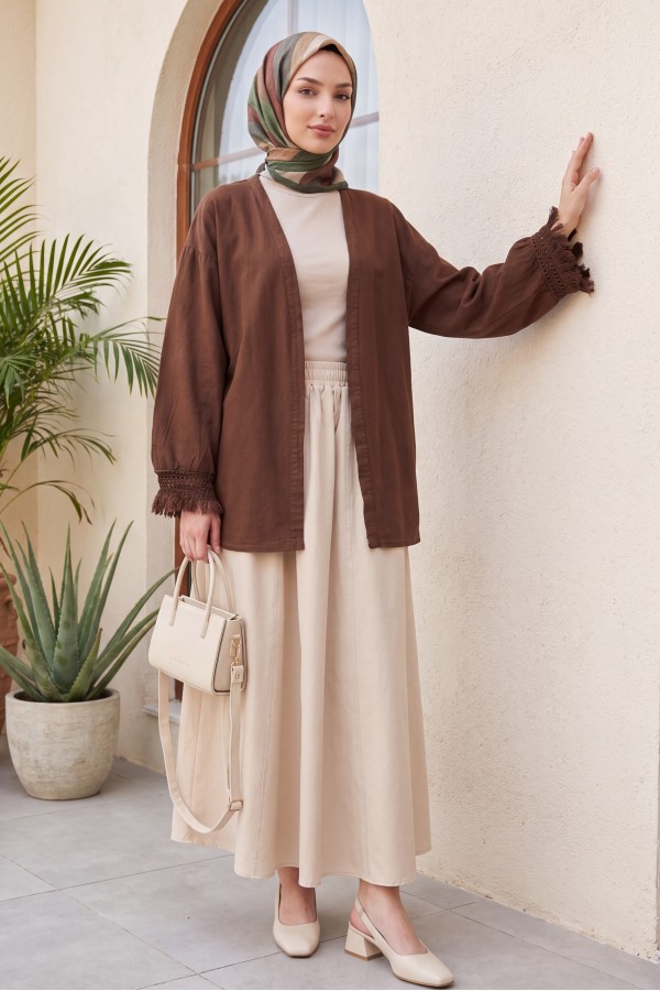 Kolları Püsküllü Beli Kemerli Keten Kimono  -Kahverengi