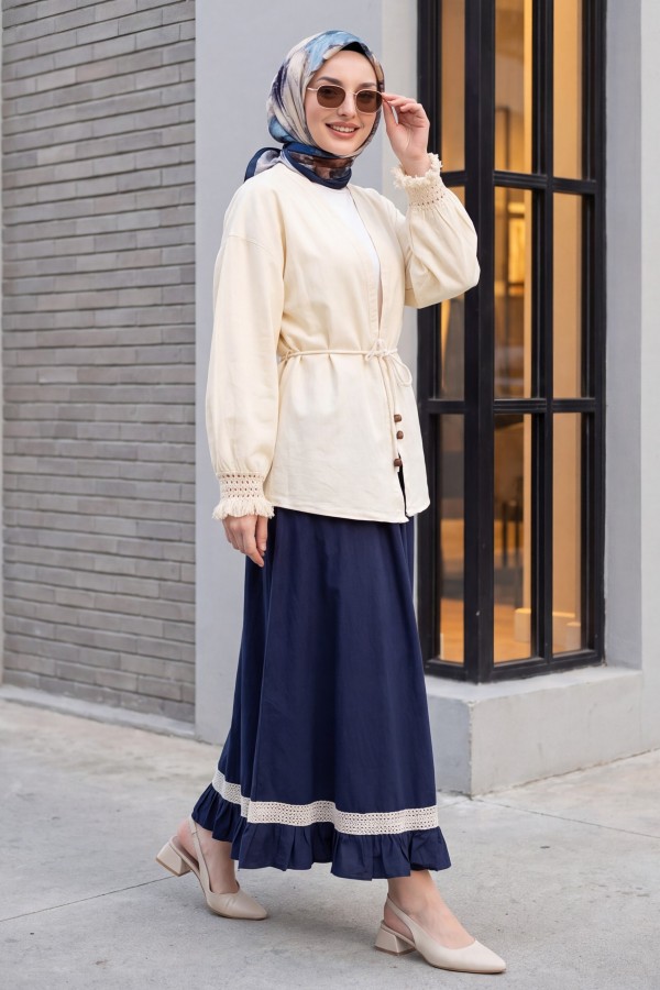 Kolları Püsküllü Beli Kemerli Keten Kimono  -Krem