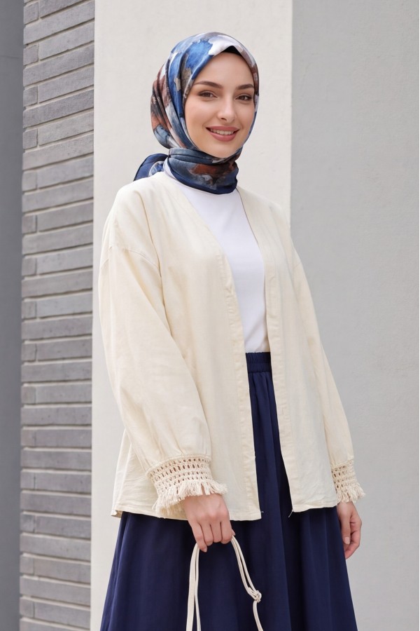 Kolları Püsküllü Beli Kemerli Keten Kimono  -Krem