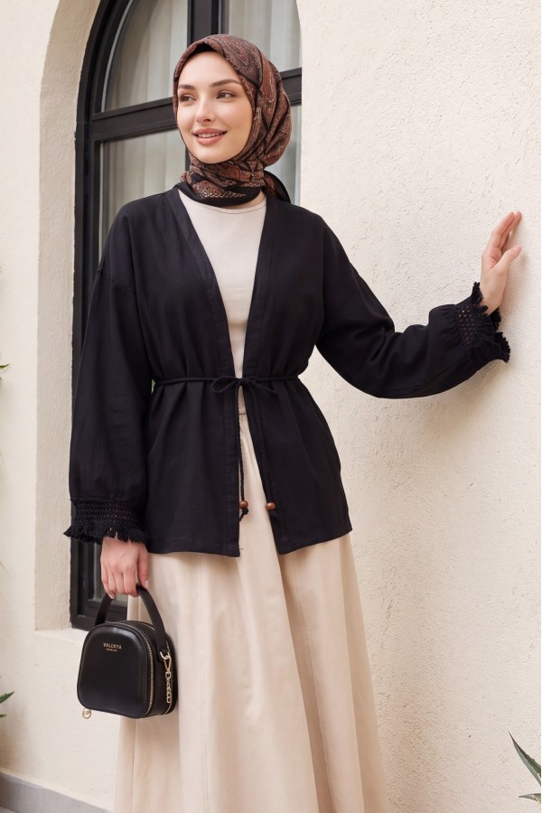 Kolları Püsküllü Beli Kemerli Keten Kimono  -Siyah
