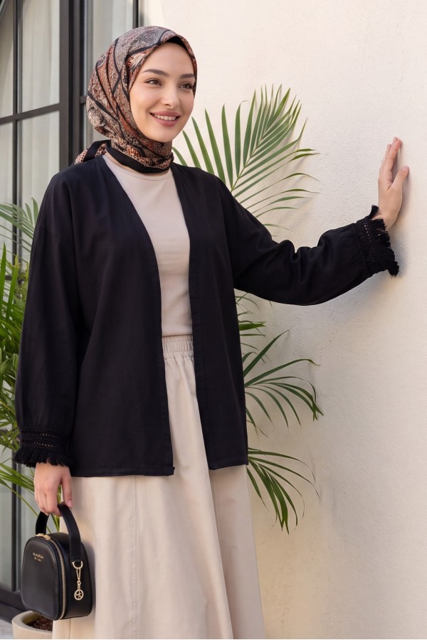 Kolları Püsküllü Beli Kemerli Keten Kimono  -Siyah