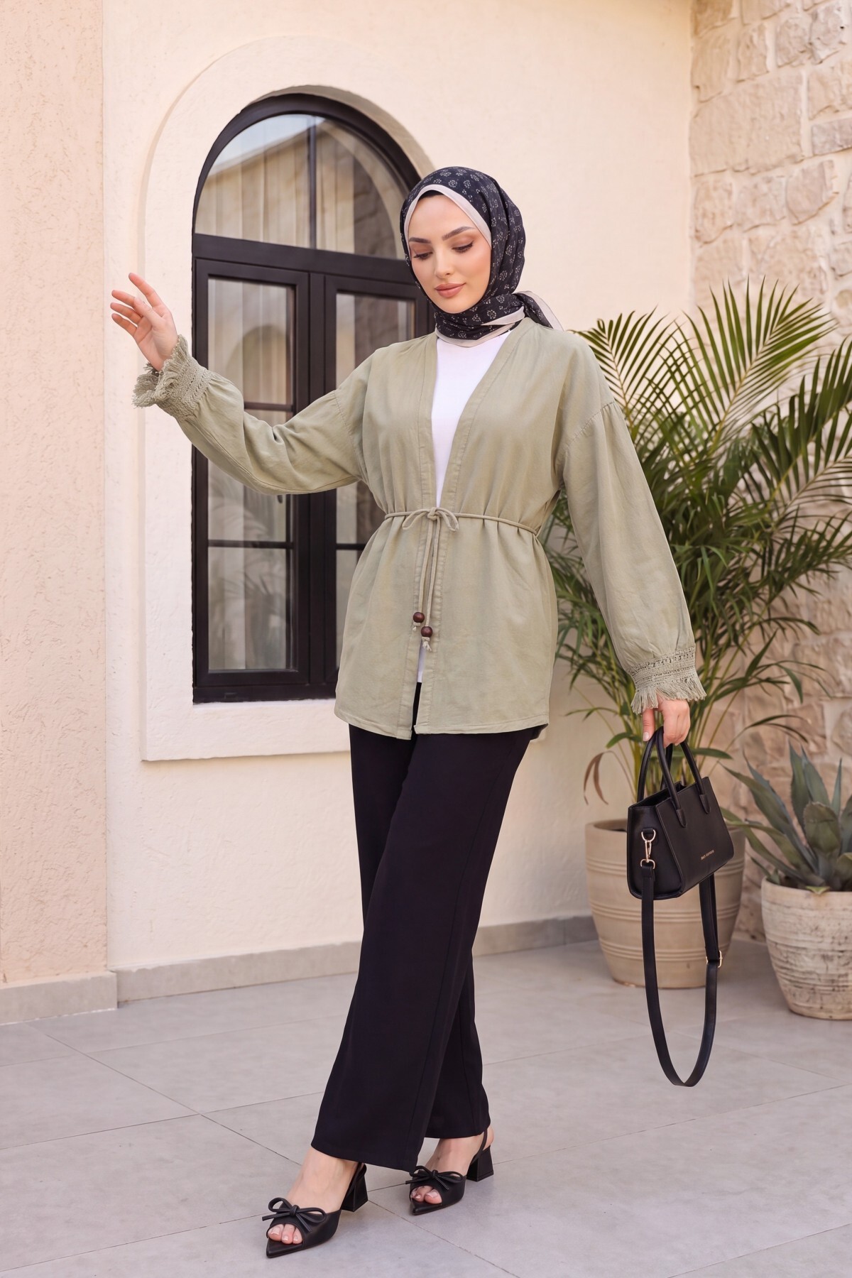Kolları Püsküllü Beli Kemerli Keten Kimono  -Vizon