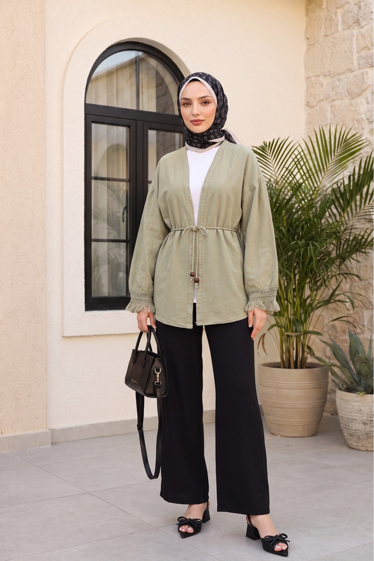 Kolları Püsküllü Beli Kemerli Keten Kimono  -Vizon