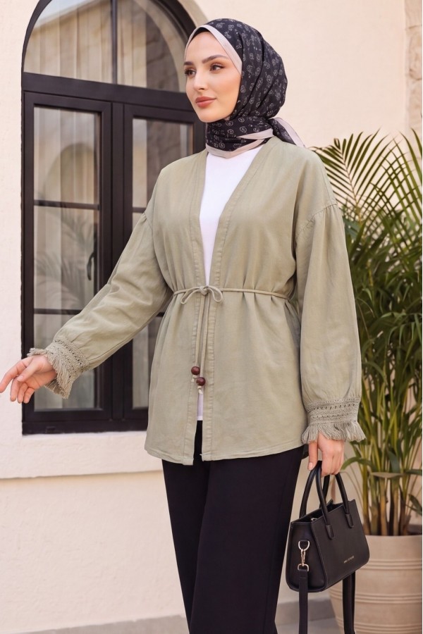 Kolları Püsküllü Beli Kemerli Keten Kimono  -Vizon