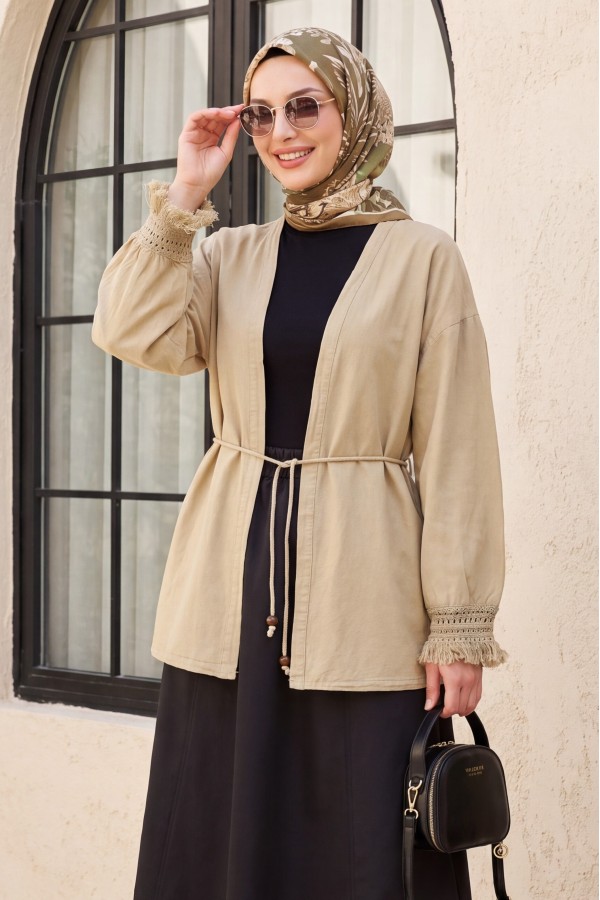 Kolları Püsküllü Beli Kemerli Keten Kimono  -Vizon