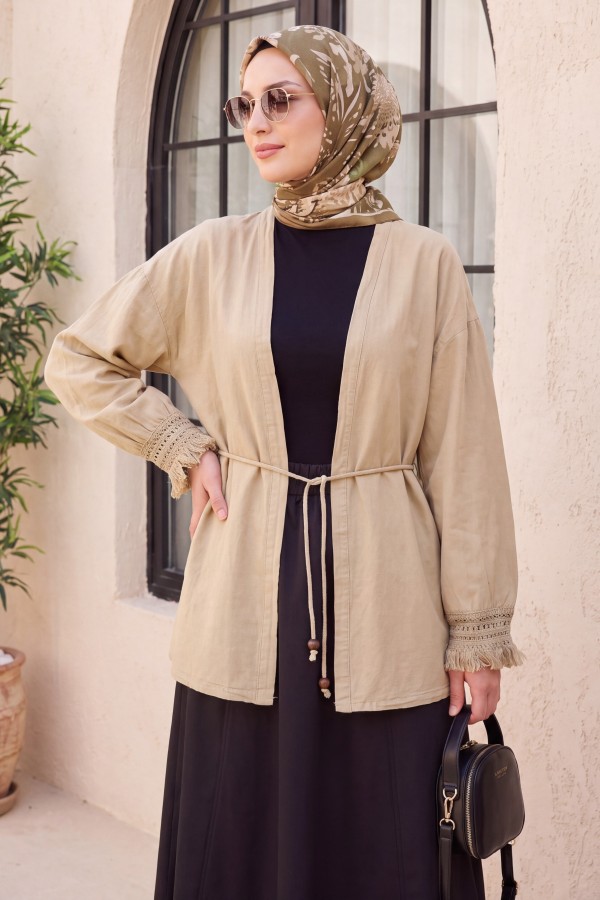 Kolları Püsküllü Beli Kemerli Keten Kimono  -Vizon