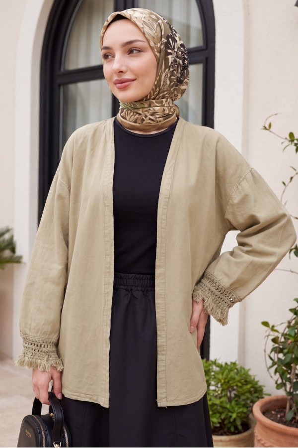 Kolları Püsküllü Beli Kemerli Keten Kimono  -Vizon