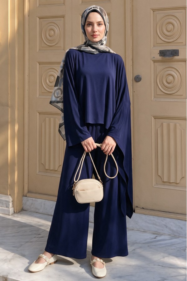 Asymmetrical Cut Trousers and Pocketed Loose Viscose Poncho Set -Navy blue