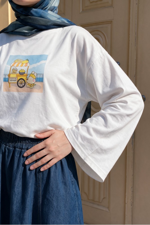 Crew Neck, Front Printed, Loose Fit Cotton Sweatshirt -White