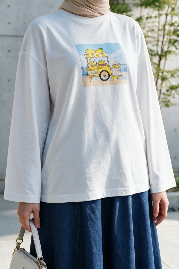Crew Neck, Front Printed, Loose Fit Cotton Sweatshirt -White