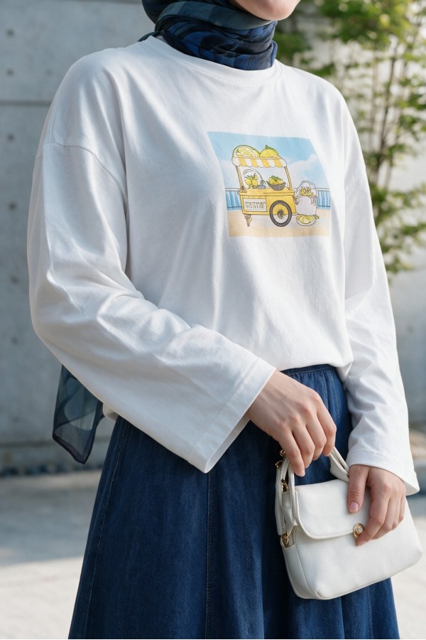 Crew Neck, Front Printed, Loose Fit Cotton Sweatshirt -White