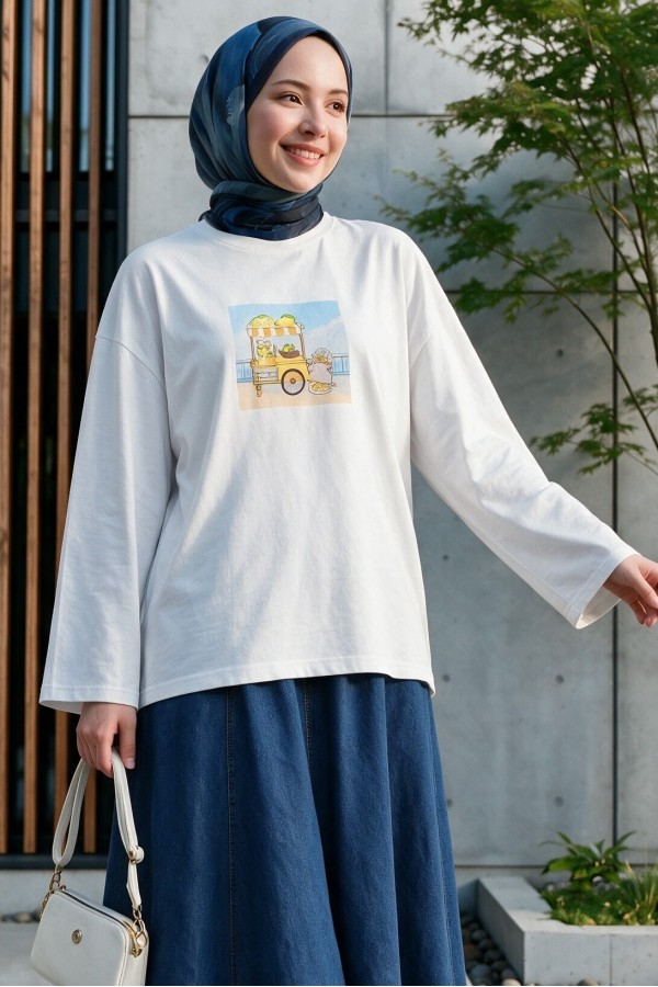 Crew Neck, Front Printed, Loose Fit Cotton Sweatshirt -White