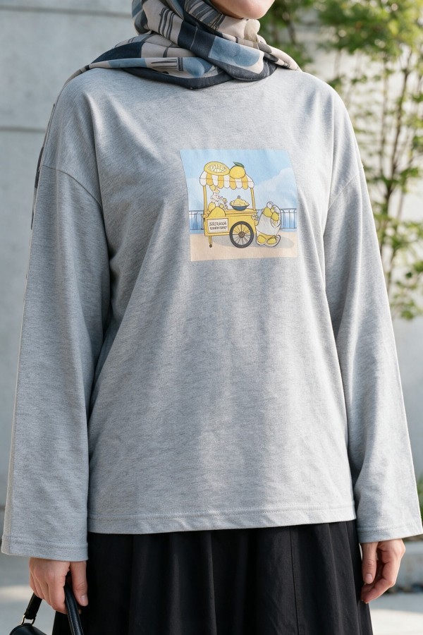 Crew Neck, Front Printed, Loose Fit Cotton Sweatshirt -Grey
