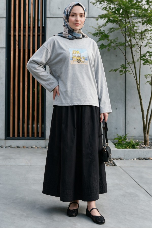 Crew Neck, Front Printed, Loose Fit Cotton Sweatshirt -Grey