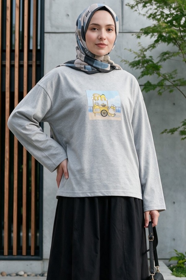 Crew Neck, Front Printed, Loose Fit Cotton Sweatshirt -Grey