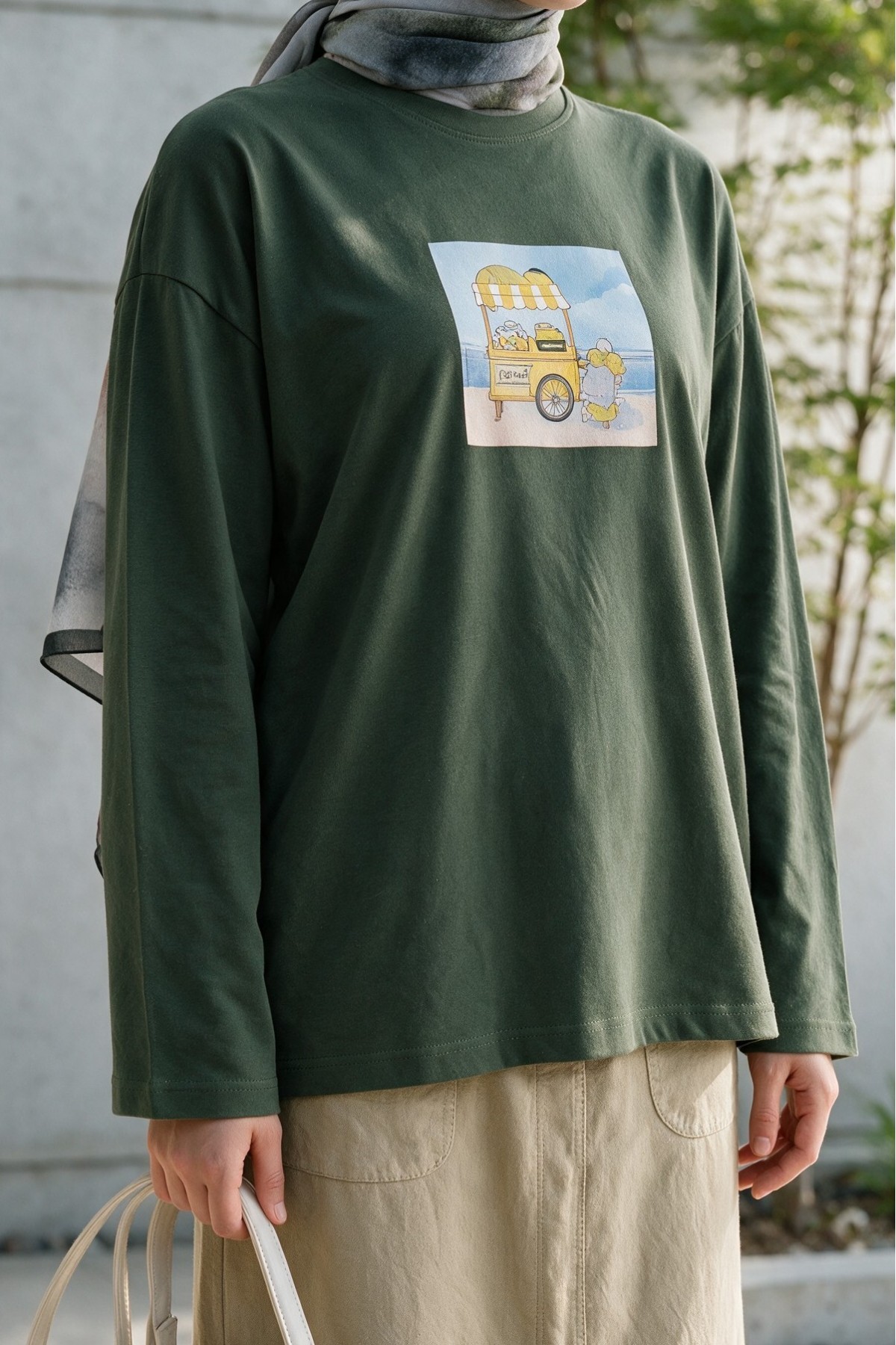 Crew Neck, Front Printed, Loose Fit Cotton Sweatshirt -Khaki
