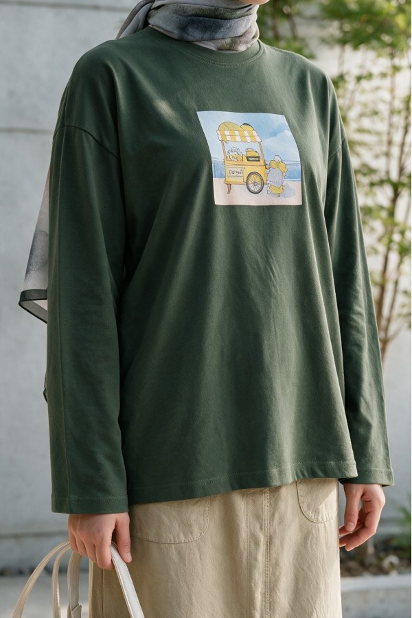 Crew Neck, Front Printed, Loose Fit Cotton Sweatshirt -Khaki