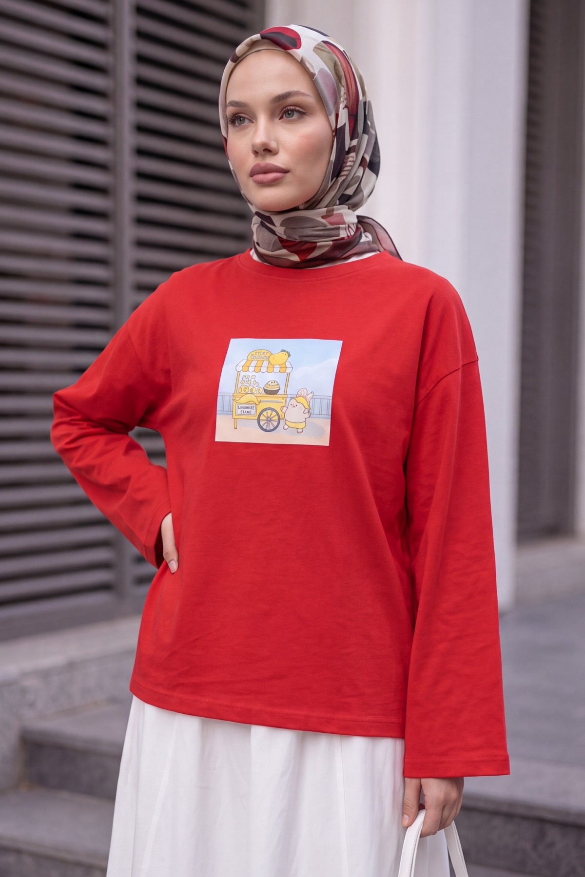 Bisiklet Yaka Önü Baskılı Salaş Penye Sweat -Kırmızı