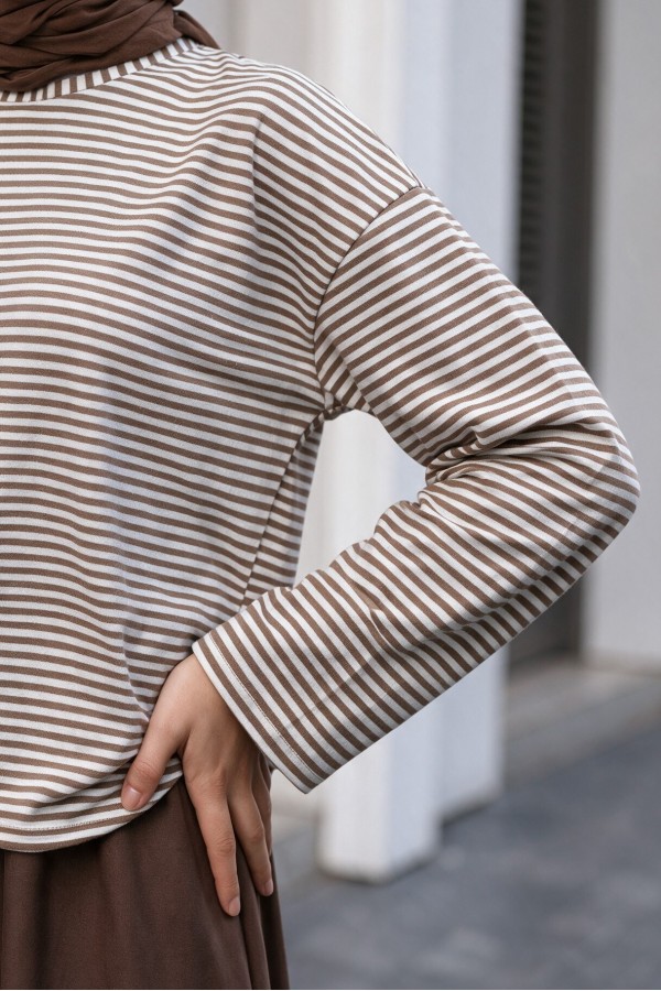 Crew Neck Striped Viscose Sweatshirt -Light coffee