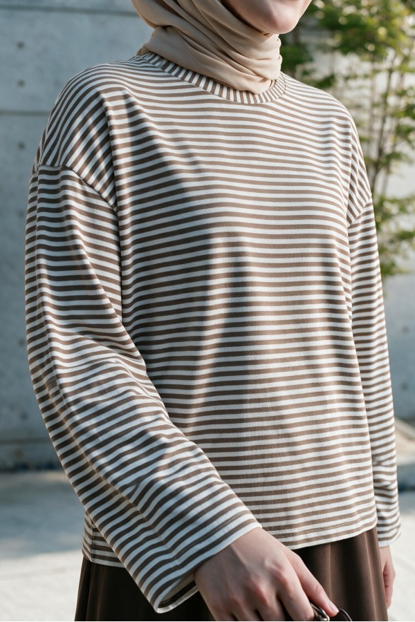 Crew Neck Striped Viscose Sweatshirt -Light coffee