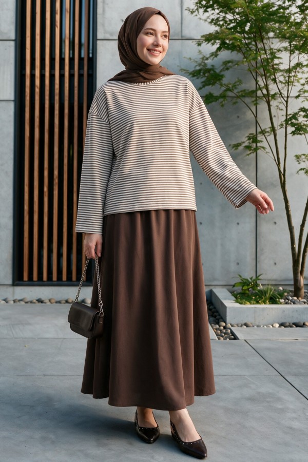 Crew Neck Striped Viscose Sweatshirt -Light coffee