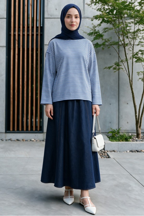 Crew Neck Striped Viscose Sweatshirt -İndigo