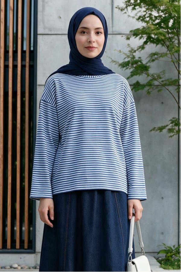Crew Neck Striped Viscose Sweatshirt -İndigo