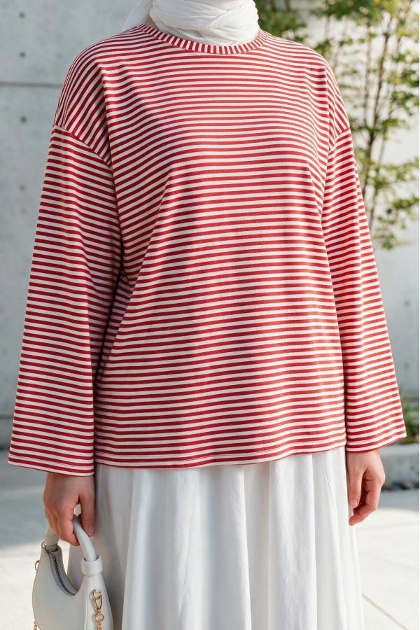 Crew Neck Striped Viscose Sweatshirt -Red