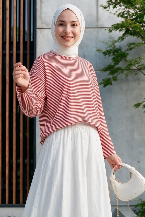Crew Neck Striped Viscose Sweatshirt -Red