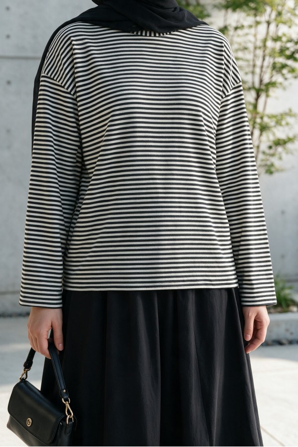 Crew Neck Striped Viscose Sweatshirt -Black