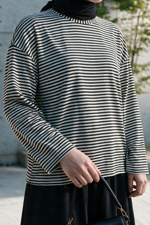 Crew Neck Striped Viscose Sweatshirt -Black