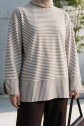 Crew Neck Slit Striped Viscose Sweatshirt -Light coffee