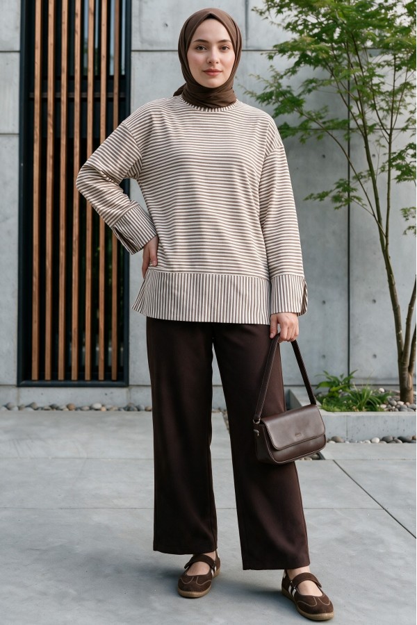 Crew Neck Slit Striped Viscose Sweatshirt -Light coffee