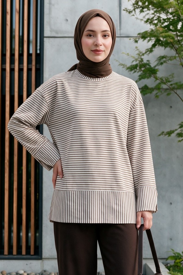 Crew Neck Slit Striped Viscose Sweatshirt -Light coffee