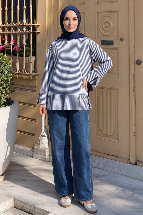 Crew Neck Slit Striped Viscose Sweatshirt -İndigo